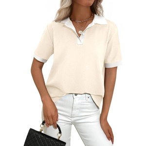PRETTYGARDEN Summer Short Sleeve Polo Shirts for Women Collared V Neck Work Dressy Tops Knit Loose Business Casual Outfits(Beige)
