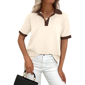 PRETTYGARDEN Summer Short Sleeve Polo Shirts for Women Collared V Neck Work Dressy Tops Knit Loose Business Casual Outfits(Beige and Brown)