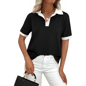 PRETTYGARDEN Summer Short Sleeve Polo Shirts for Women Collared V Neck Work Dressy Tops Knit Loose Business Casual Outfits(Black)