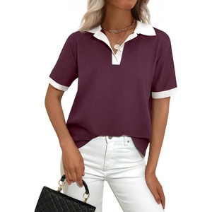 PRETTYGARDEN Summer Short Sleeve Polo Shirts for Women Collared V Neck Work Dressy Tops Knit Loose Business Casual Outfits(Burgundy)