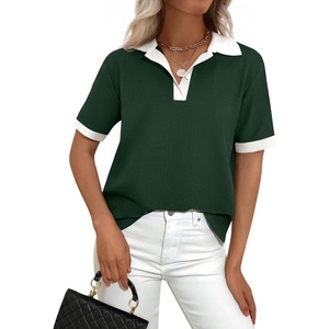 PRETTYGARDEN Summer Short Sleeve Polo Shirts for Women Collared V Neck Work Dressy Tops Knit Loose Business Casual Outfits(Dark Green)
