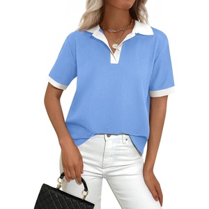 PRETTYGARDEN Summer Short Sleeve Polo Shirts for Women Collared V Neck Work Dressy Tops Knit Loose Business Casual Outfits(Sky Blue)