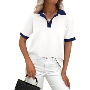 PRETTYGARDEN Summer Short Sleeve Polo Shirts for Women Collared V Neck Work Dressy Tops Knit Loose Business Casual Outfits(White)