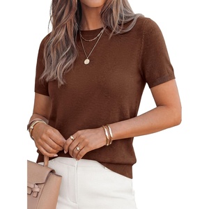 PRETTYGARDEN Women’s Short Sleeve Sweaters 2026 Spring Crew Neck Knit Work Shirts Business Casual Tops Summer Fashion Clothes(Light Brown)