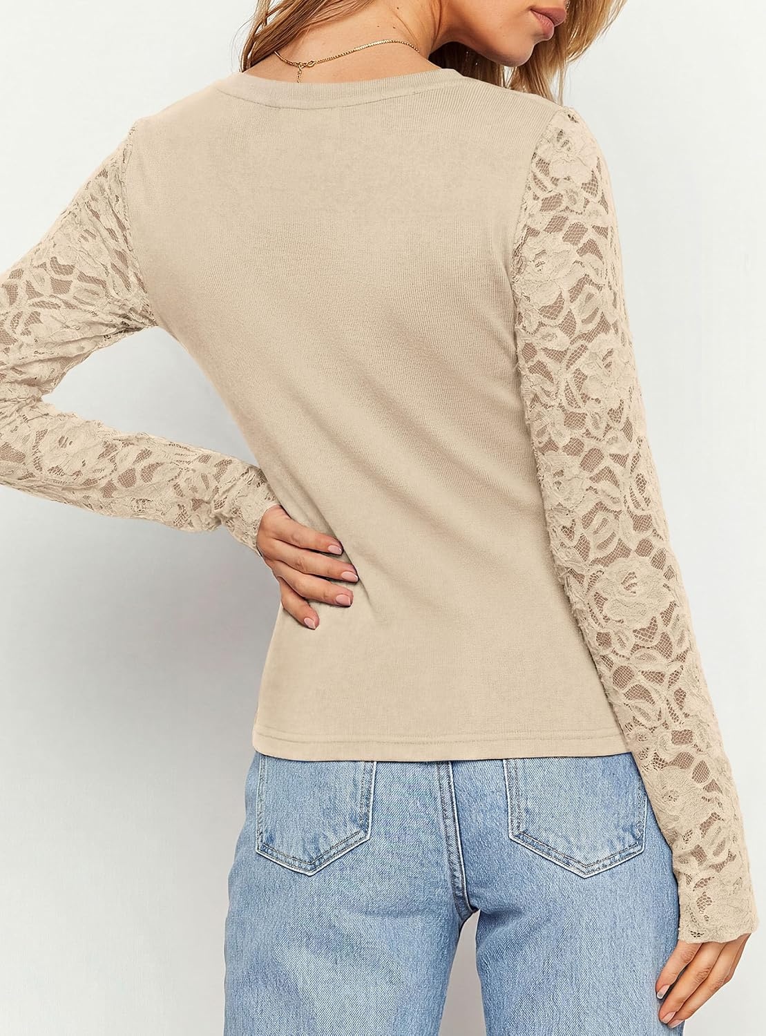 image:imagePRETTYGARDEN Sheer Lace Raglan Long Sleeve Shirts for Women Soft Stretchy KnitSee Through Floral SleevesCrewneck Fitted TshirtsGoing Out TopsNight Out LayerFall Fashion ClothingBeige