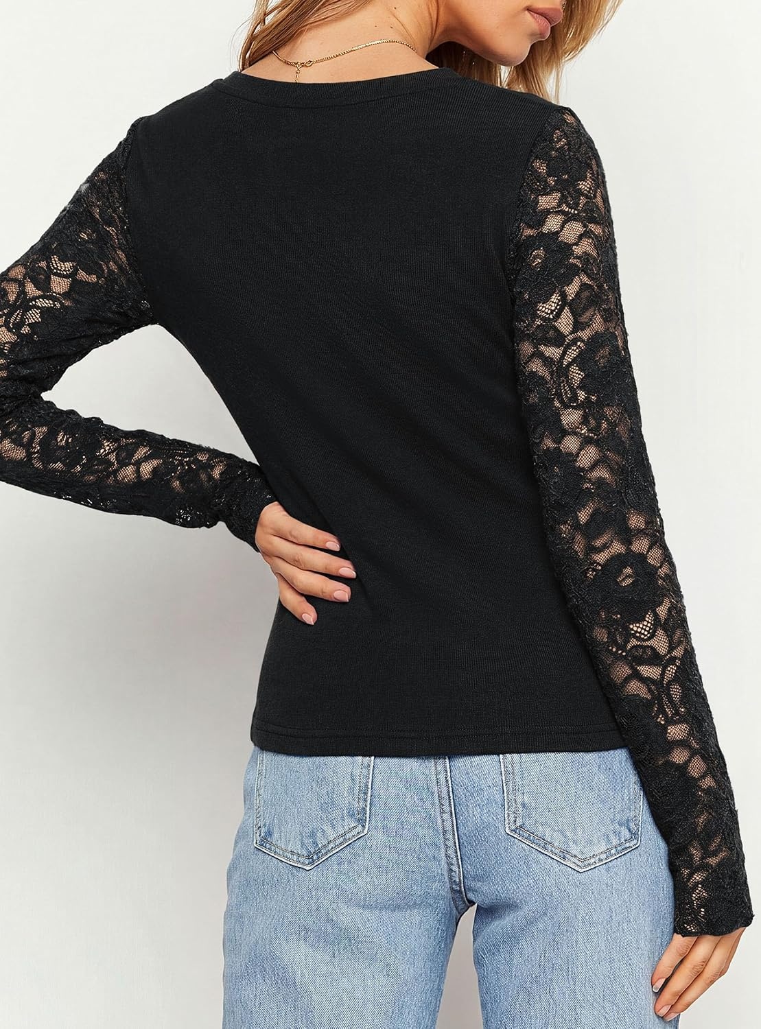 image:imagePRETTYGARDEN Sheer Lace Raglan Long Sleeve Shirts for Women Soft Stretchy KnitSee Through Floral SleevesCrewneck Fitted TshirtsGoing Out TopsNight Out LayerFall Fashion ClothingBlack