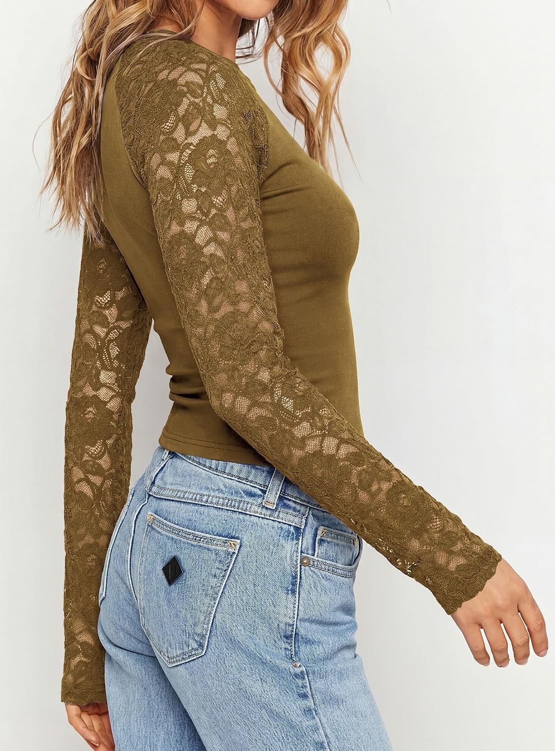 image:imagePRETTYGARDEN Sheer Lace Raglan Long Sleeve Shirts for Women Soft Stretchy KnitSee Through Floral SleevesCrewneck Fitted TshirtsGoing Out TopsNight Out LayerFall Fashion ClothingLight Brown