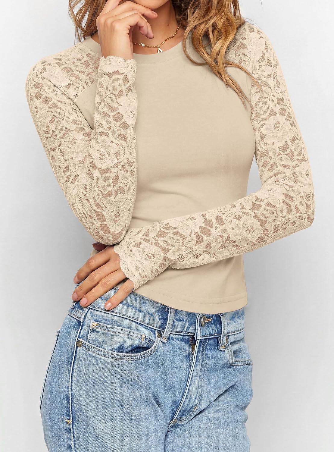 image:imagePRETTYGARDEN Sheer Lace Raglan Long Sleeve Shirts for Women Soft Stretchy KnitSee Through Floral SleevesCrewneck Fitted TshirtsGoing Out TopsNight Out LayerFall Fashion ClothingBeige