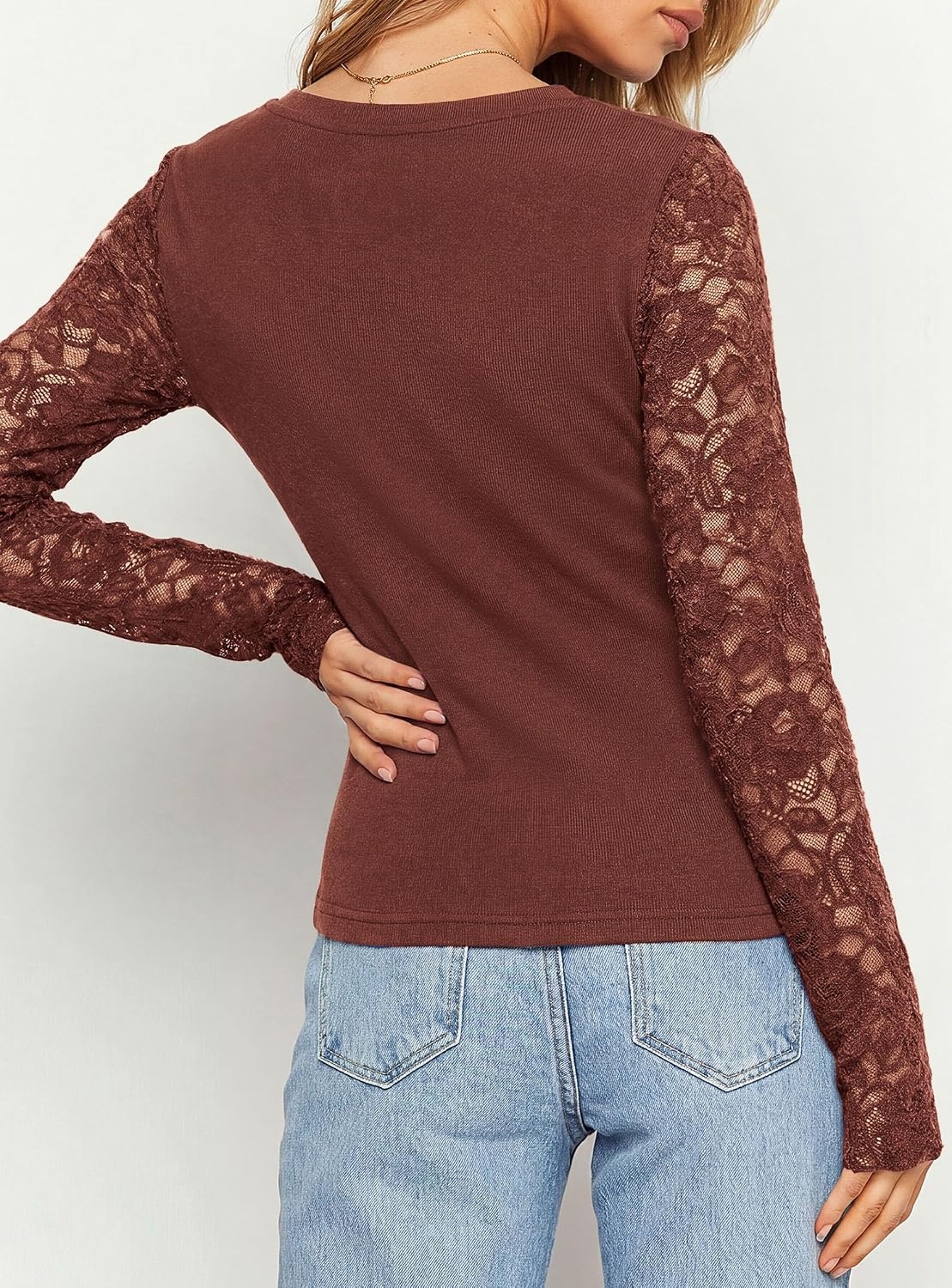 image:imagePRETTYGARDEN Sheer Lace Raglan Long Sleeve Shirts for Women Soft Stretchy KnitSee Through Floral SleevesCrewneck Fitted TshirtsGoing Out TopsNight Out LayerFall Fashion ClothingBrick Red