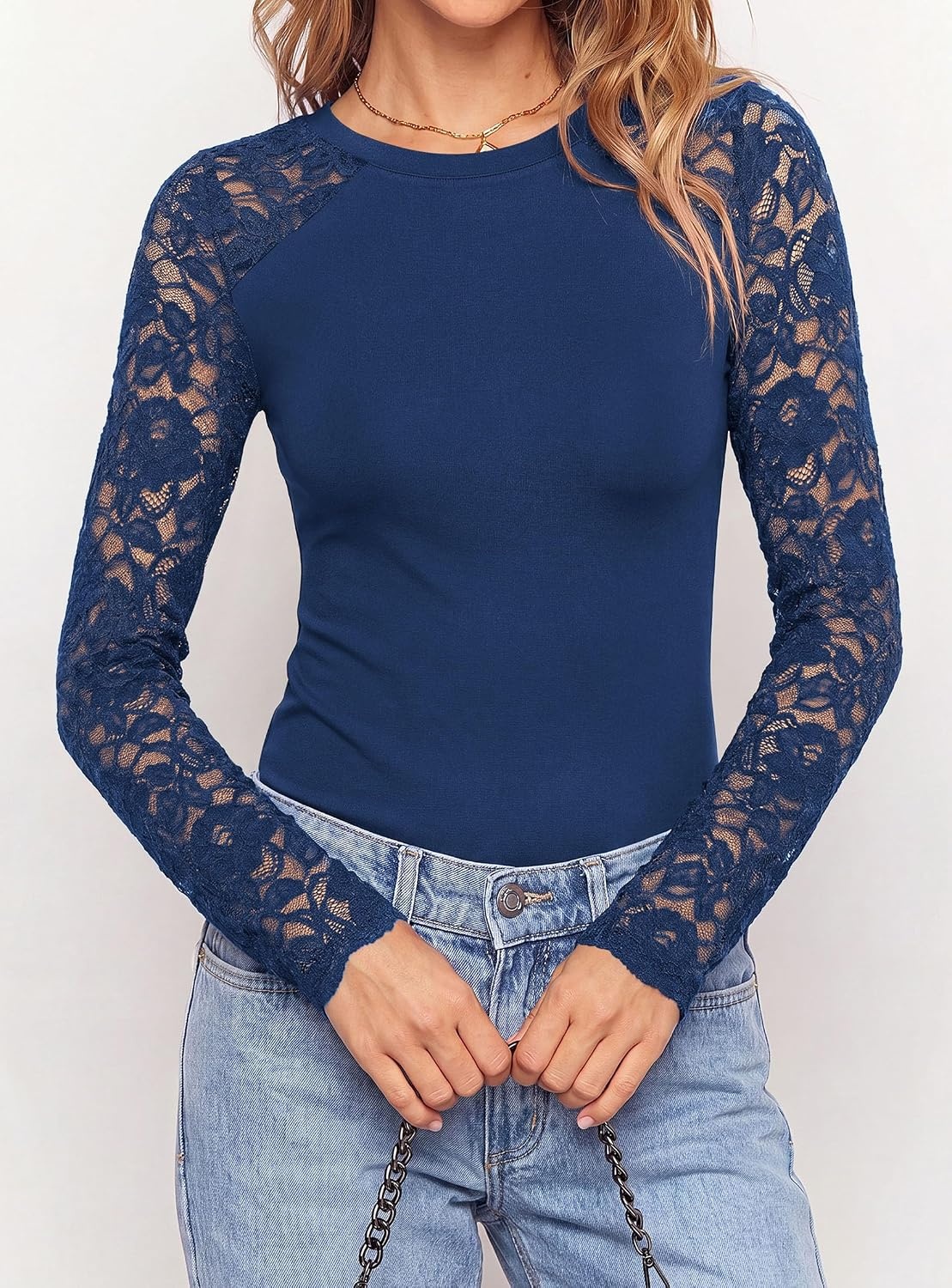 image:imagePRETTYGARDEN Sheer Lace Raglan Long Sleeve Shirts for Women Soft Stretchy KnitSee Through Floral SleevesCrewneck Fitted TshirtsGoing Out TopsNight Out LayerFall Fashion ClothingNavy