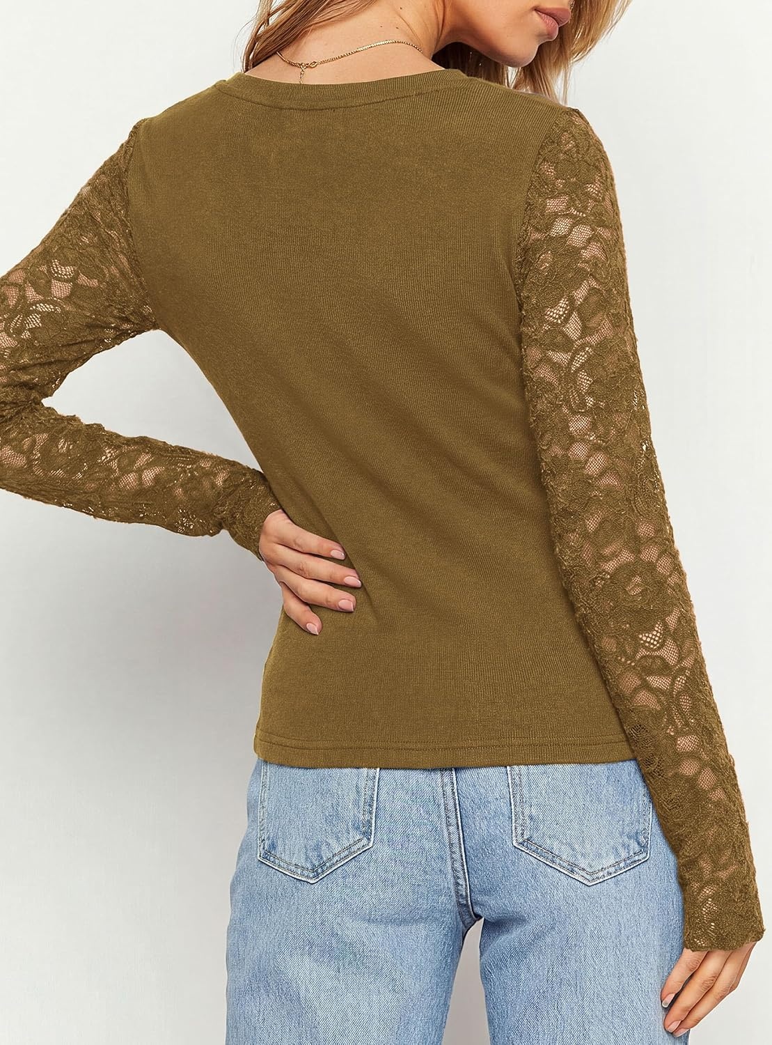 image:imagePRETTYGARDEN Sheer Lace Raglan Long Sleeve Shirts for Women Soft Stretchy KnitSee Through Floral SleevesCrewneck Fitted TshirtsGoing Out TopsNight Out LayerFall Fashion ClothingLight Brown