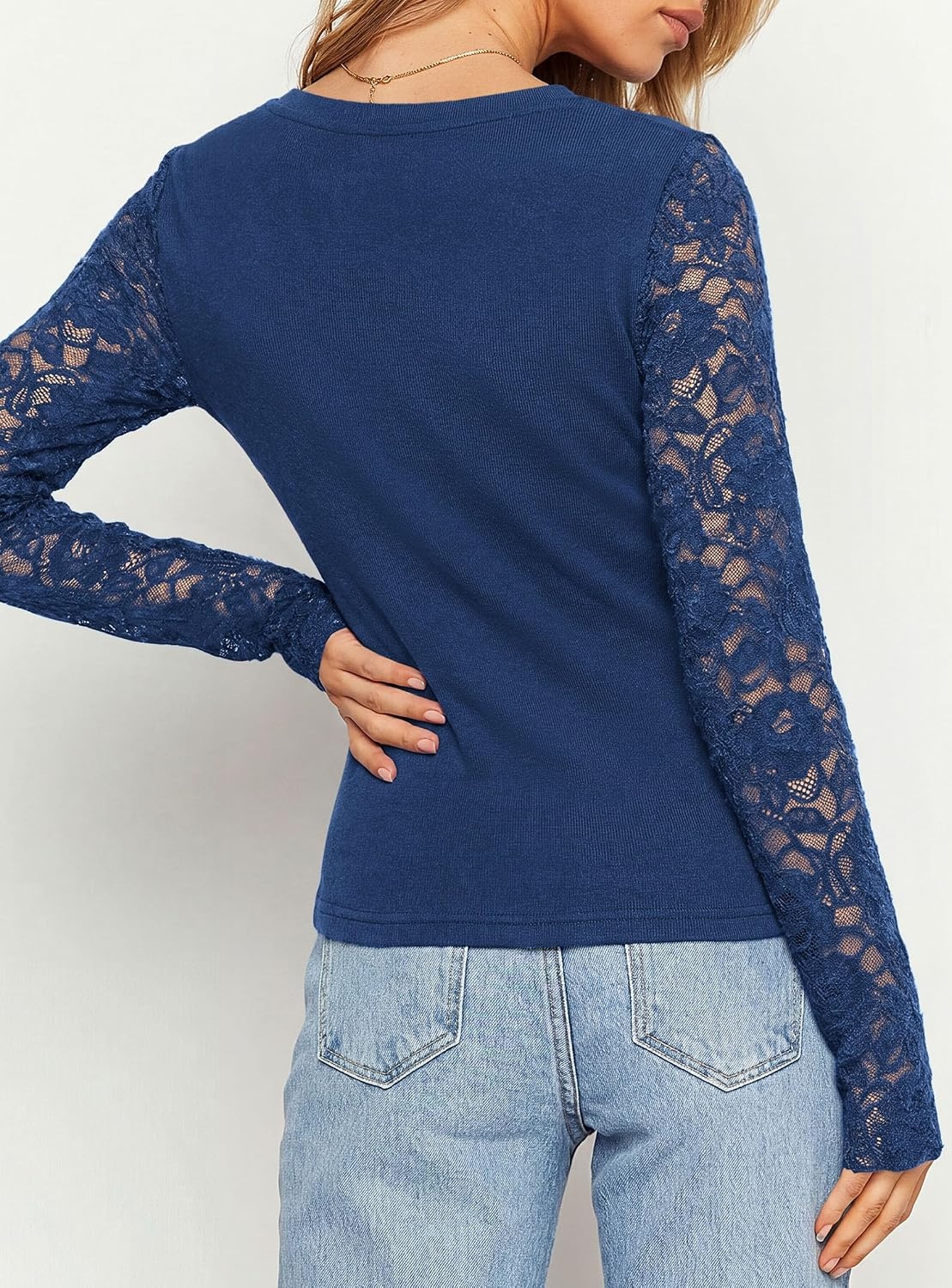 image:imagePRETTYGARDEN Sheer Lace Raglan Long Sleeve Shirts for Women Soft Stretchy KnitSee Through Floral SleevesCrewneck Fitted TshirtsGoing Out TopsNight Out LayerFall Fashion ClothingNavy