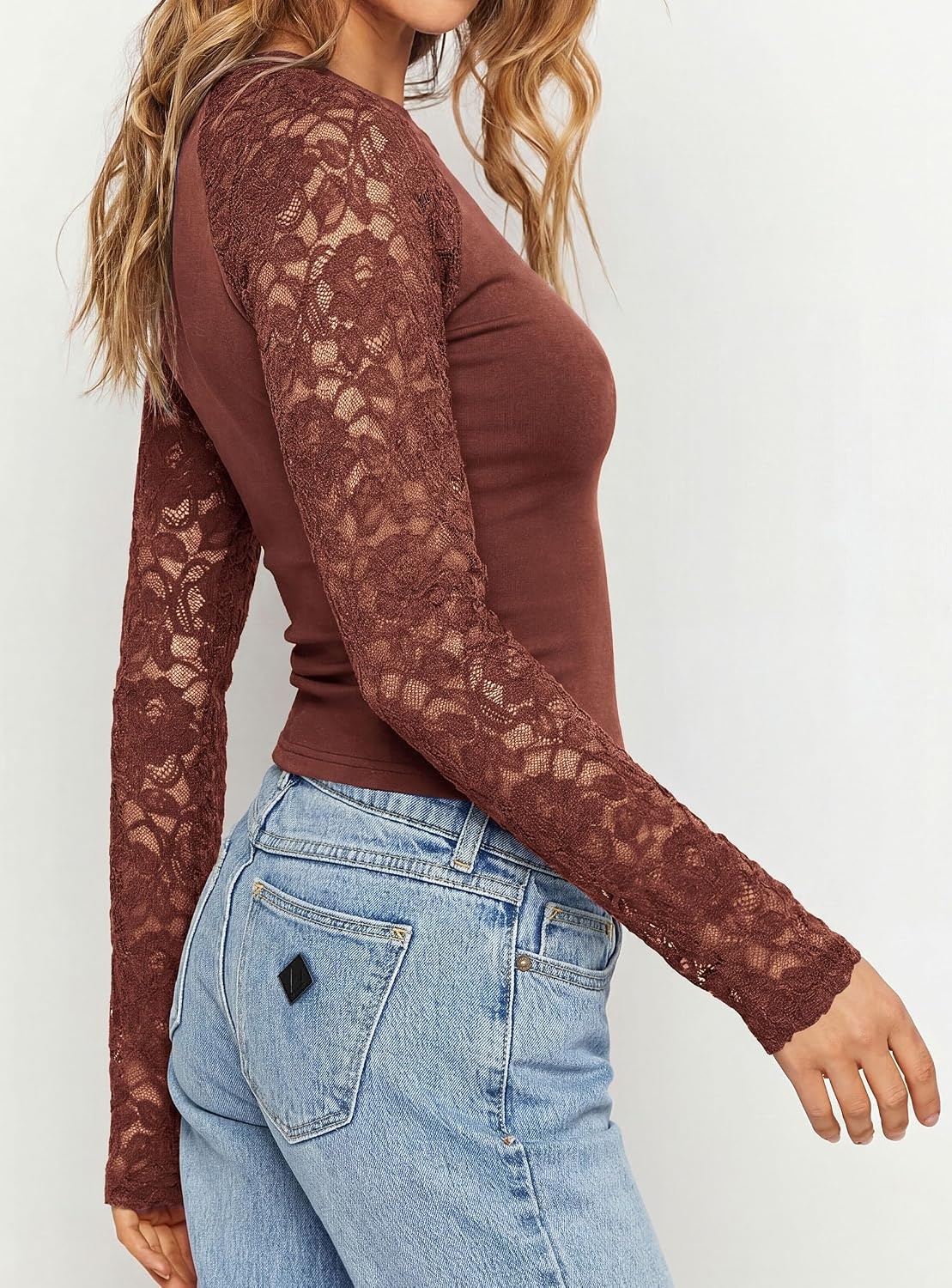 image:imagePRETTYGARDEN Sheer Lace Raglan Long Sleeve Shirts for Women Soft Stretchy KnitSee Through Floral SleevesCrewneck Fitted TshirtsGoing Out TopsNight Out LayerFall Fashion ClothingBrick Red