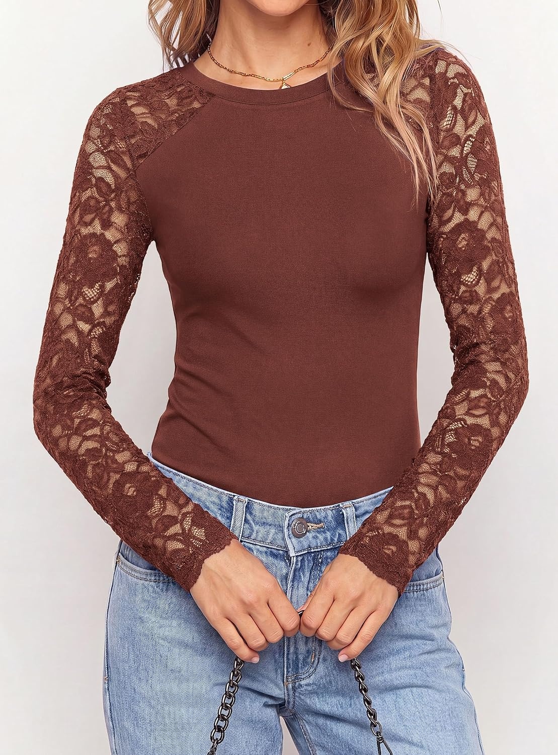 image:imagePRETTYGARDEN Sheer Lace Raglan Long Sleeve Shirts for Women Soft Stretchy KnitSee Through Floral SleevesCrewneck Fitted TshirtsGoing Out TopsNight Out LayerFall Fashion ClothingBrick Red