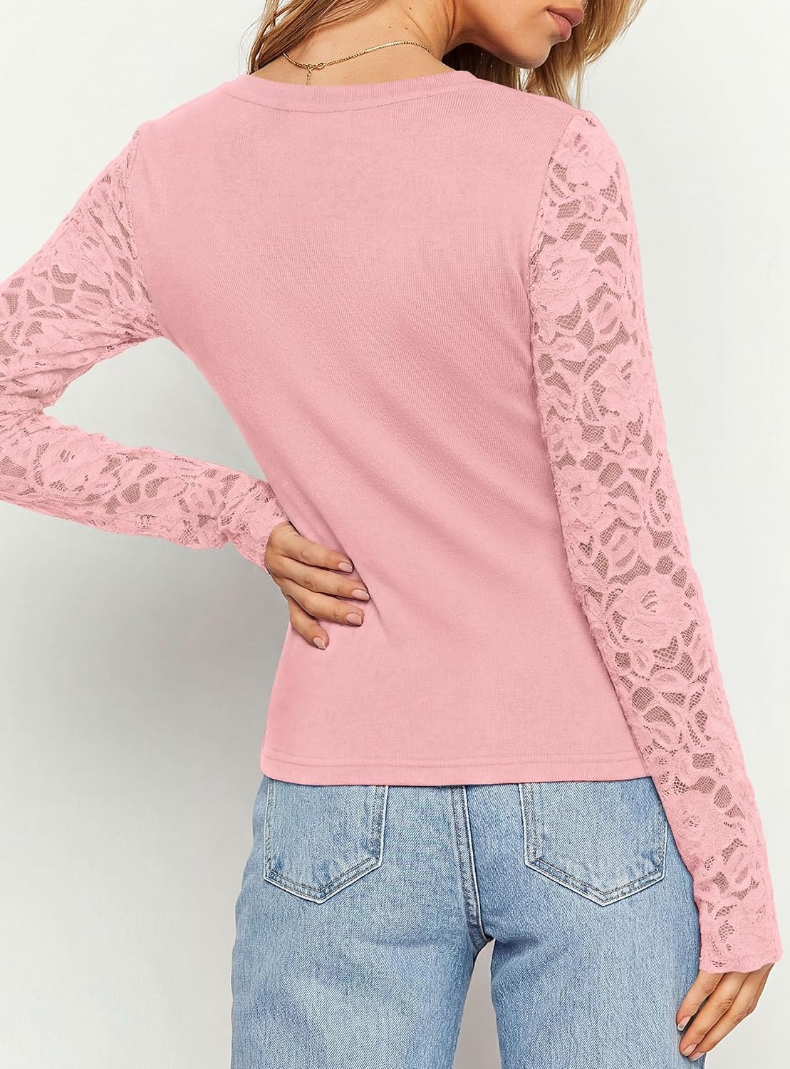 image:imagePRETTYGARDEN Sheer Lace Raglan Long Sleeve Shirts for Women Soft Stretchy KnitSee Through Floral SleevesCrewneck Fitted TshirtsGoing Out TopsNight Out LayerFall Fashion ClothingPink