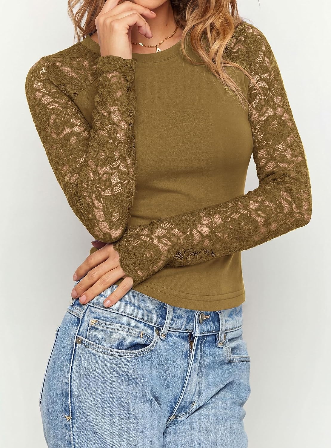 image:imagePRETTYGARDEN Sheer Lace Raglan Long Sleeve Shirts for Women Soft Stretchy KnitSee Through Floral SleevesCrewneck Fitted TshirtsGoing Out TopsNight Out LayerFall Fashion ClothingLight Brown