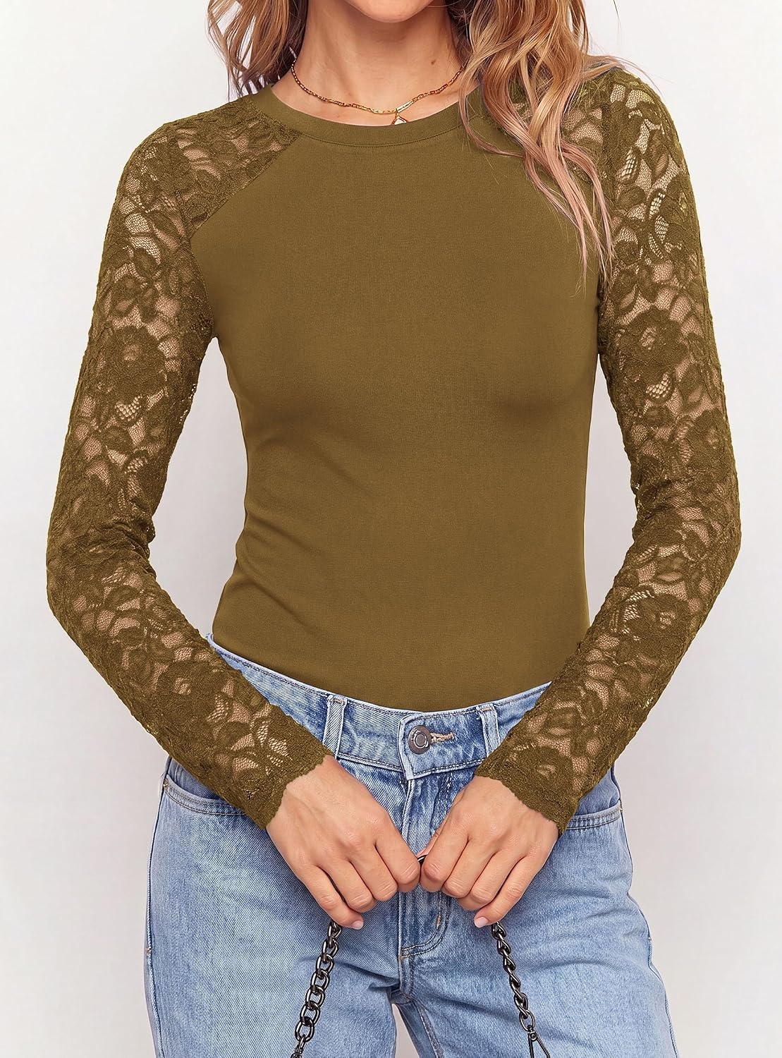 image:imagePRETTYGARDEN Sheer Lace Raglan Long Sleeve Shirts for Women Soft Stretchy KnitSee Through Floral SleevesCrewneck Fitted TshirtsGoing Out TopsNight Out LayerFall Fashion ClothingLight Brown