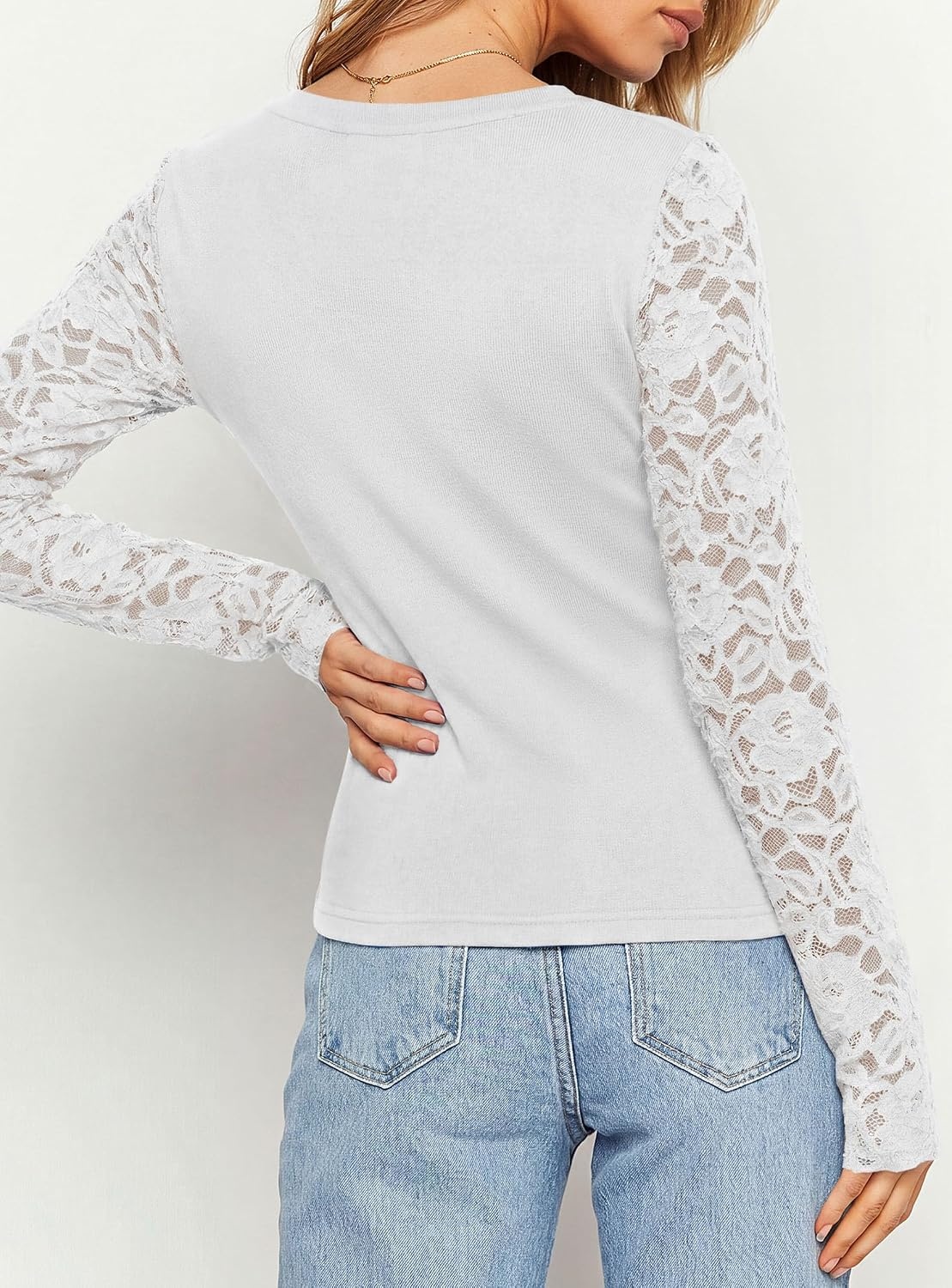 image:imagePRETTYGARDEN Sheer Lace Raglan Long Sleeve Shirts for Women Soft Stretchy KnitSee Through Floral SleevesCrewneck Fitted TshirtsGoing Out TopsNight Out LayerFall Fashion ClothingWhite