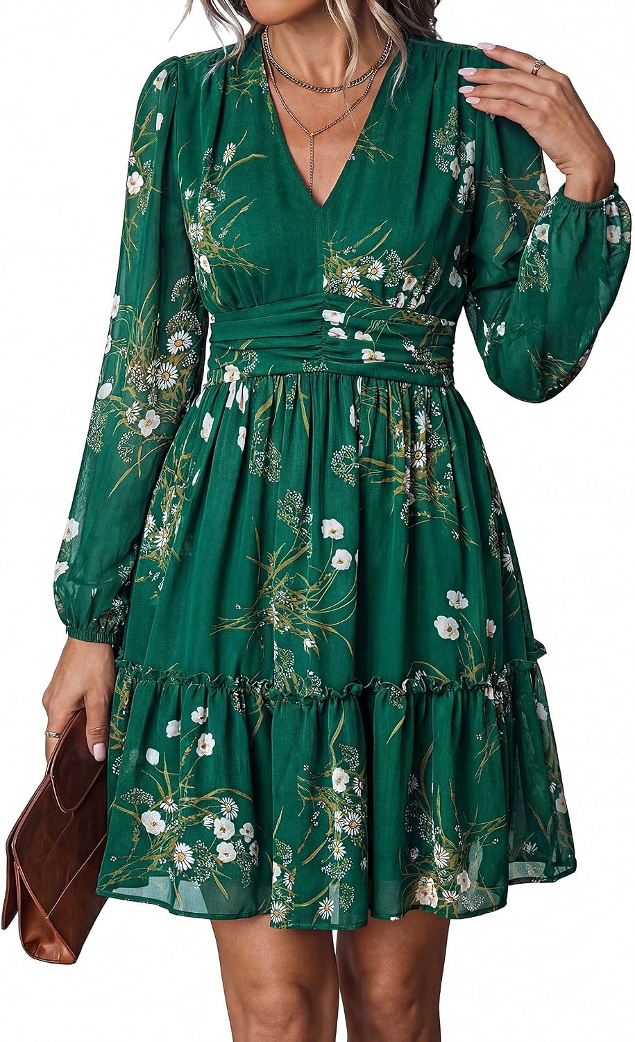 image:imagePRETTYGARDEN Women Floral Long Sleeve Mini Dress Fall Wedding Guest Dresses V Neck Fit amp Flare Ruffle Hem ALine Short Chiffon Dress Elegant Holiday Party Date OutfitsGreen White Floral