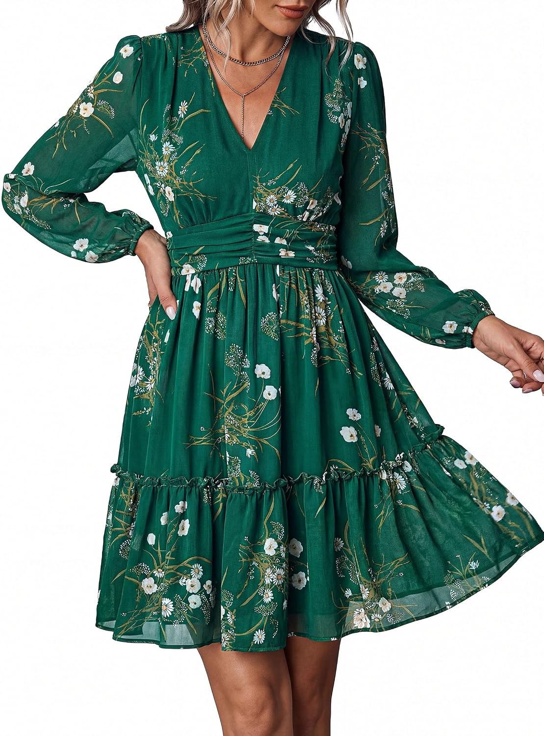 image:imagePRETTYGARDEN Women Floral Long Sleeve Mini Dress Fall Wedding Guest Dresses V Neck Fit amp Flare Ruffle Hem ALine Short Chiffon Dress Elegant Holiday Party Date OutfitsGreen White Floral