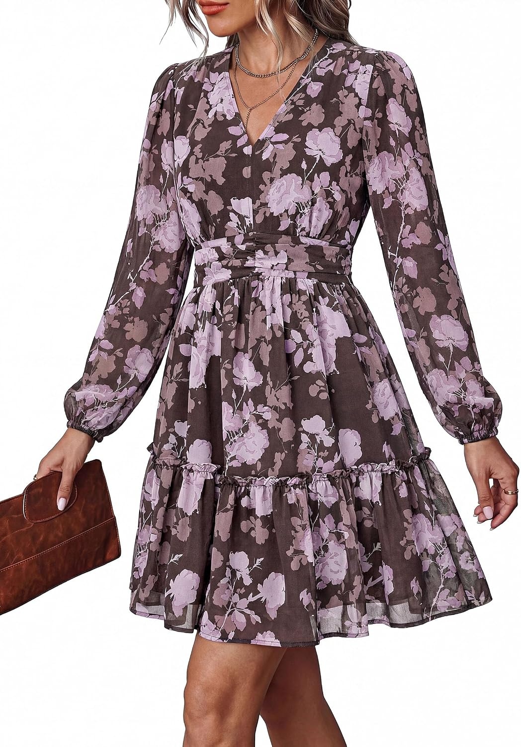 image:imagePRETTYGARDEN Women Floral Long Sleeve Mini Dress Fall Wedding Guest Dresses V Neck Fit amp Flare Ruffle Hem ALine Short Chiffon Dress Elegant Holiday Party Date OutfitsBrown Purple Floral