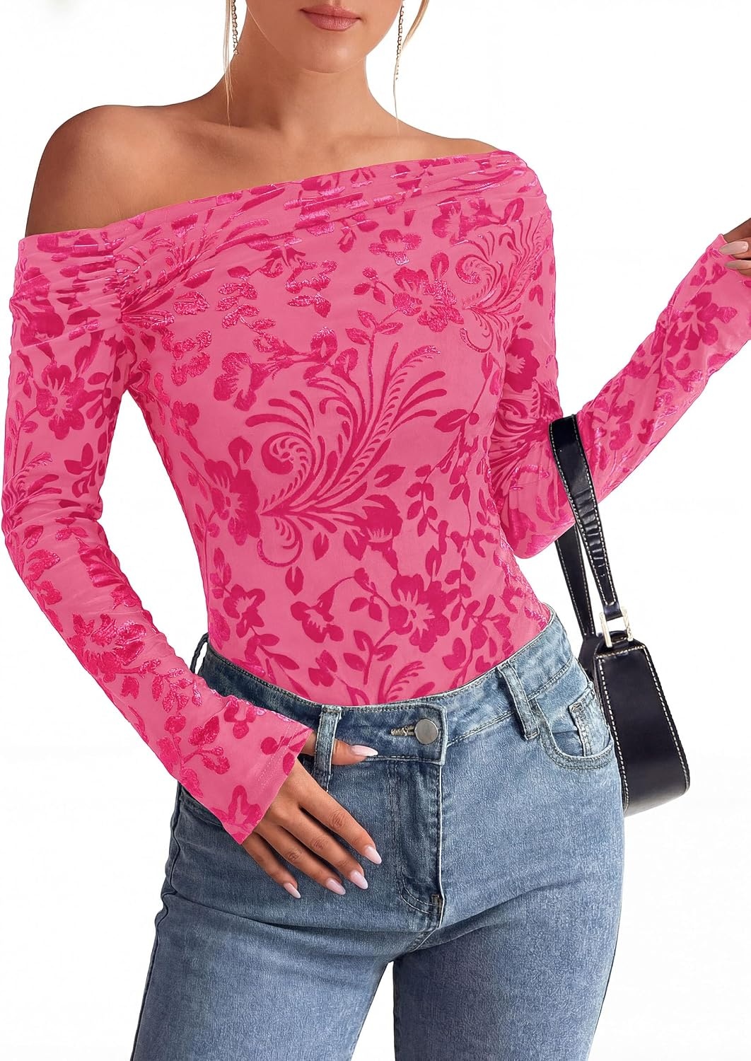 image:imagePRETTYGARDEN Women Trendy Off the Shoulder Floral Tops Lightweight Stretchy Mesh Blouse Flocked Print Long Sleeve Slim Fit Shirts Fall Spring Outfits for Date Night Going OutRose Red