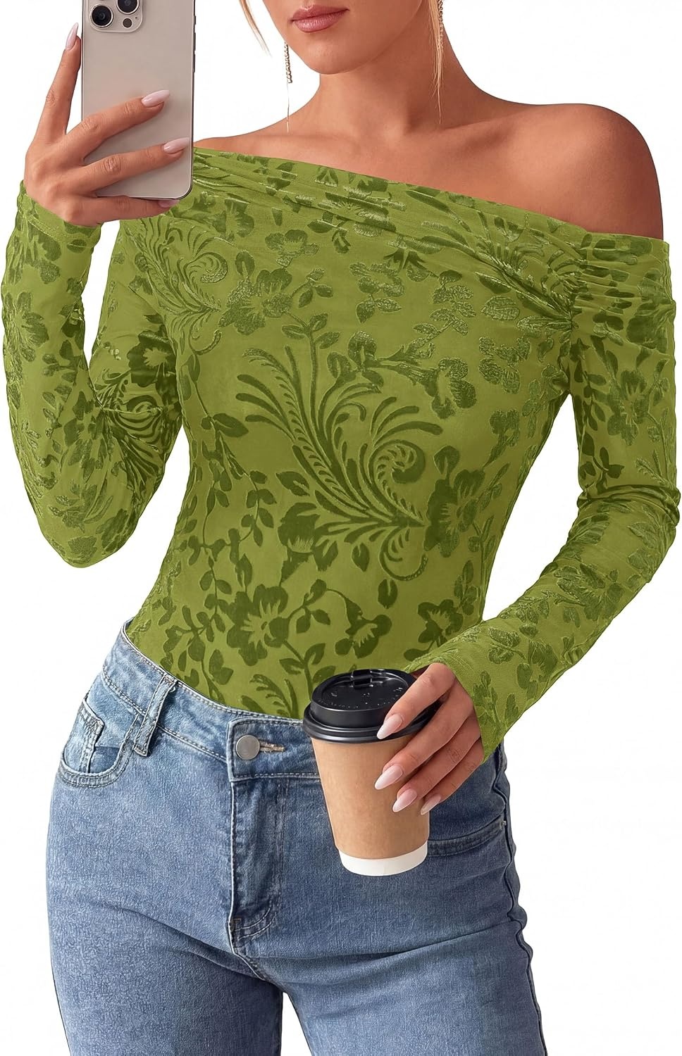 image:imagePRETTYGARDEN Women Trendy Off the Shoulder Floral Tops Lightweight Stretchy Mesh Blouse Flocked Print Long Sleeve Slim Fit Shirts Fall Spring Outfits for Date Night Going OutLight Green