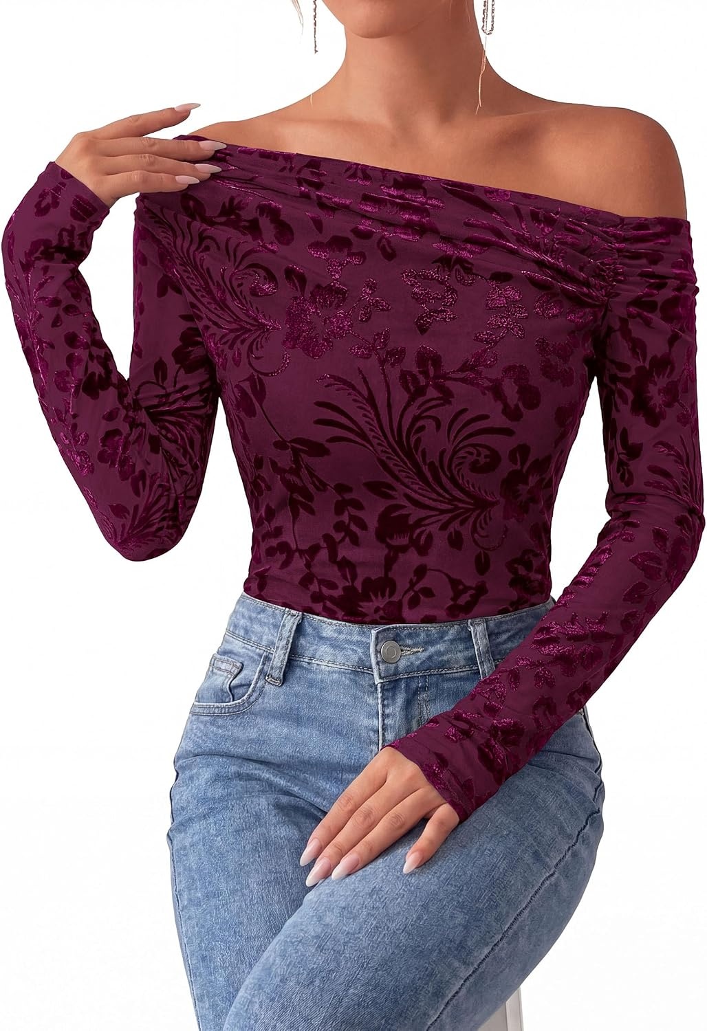 image:imagePRETTYGARDEN Women Trendy Off the Shoulder Floral Tops Lightweight Stretchy Mesh Blouse Flocked Print Long Sleeve Slim Fit Shirts Fall Spring Outfits for Date Night Going OutBurgundy