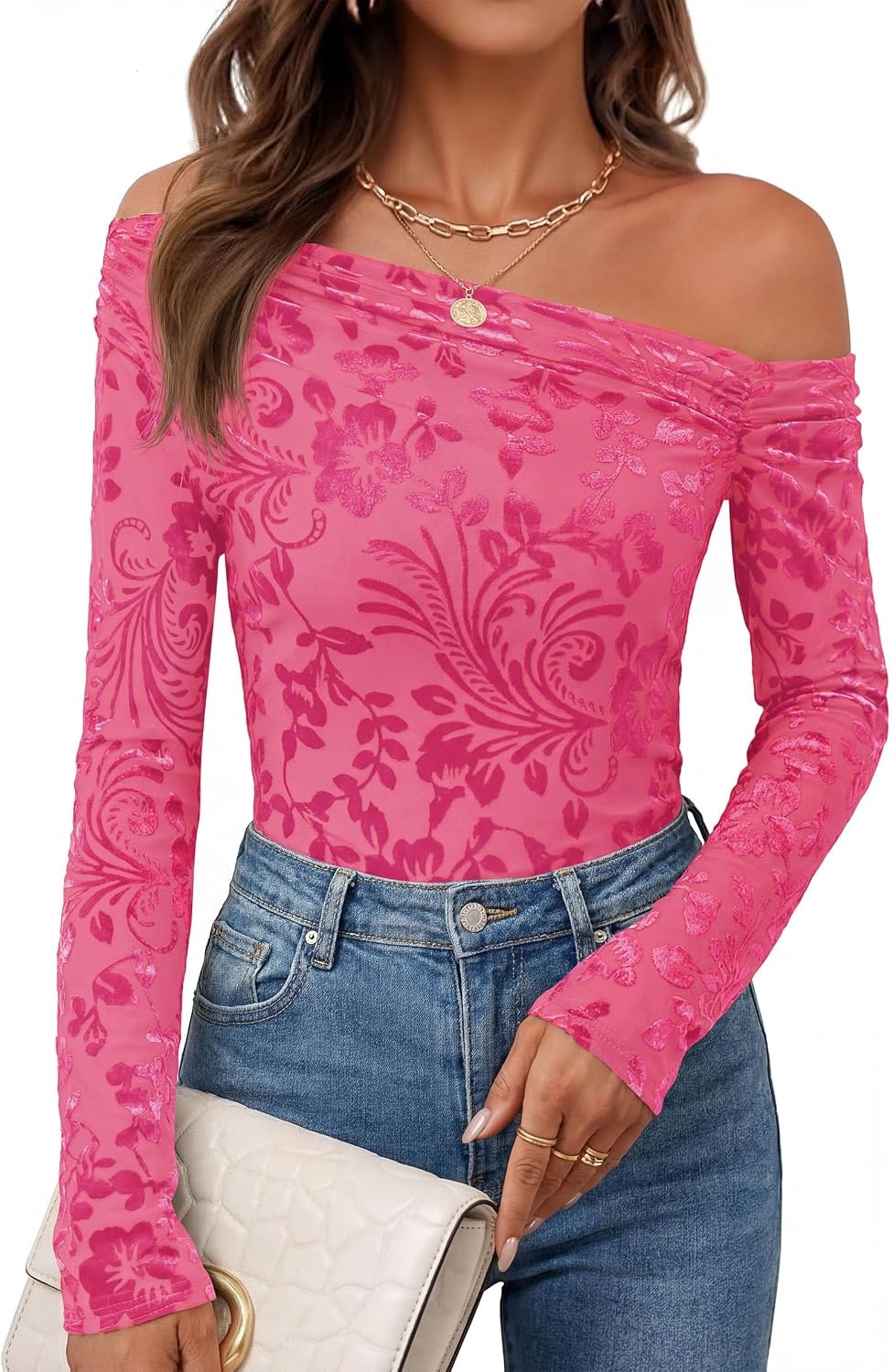 image:imagePRETTYGARDEN Women Trendy Off the Shoulder Floral Tops Lightweight Stretchy Mesh Blouse Flocked Print Long Sleeve Slim Fit Shirts Fall Spring Outfits for Date Night Going OutRose Red