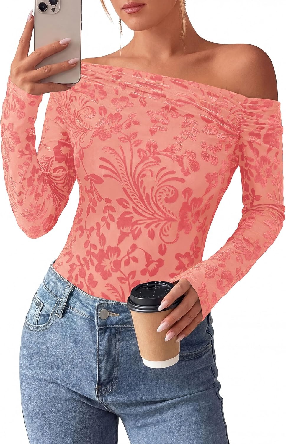image:imagePRETTYGARDEN Women Trendy Off the Shoulder Floral Tops Lightweight Stretchy Mesh Blouse Flocked Print Long Sleeve Slim Fit Shirts Fall Spring Outfits for Date Night Going OutPink