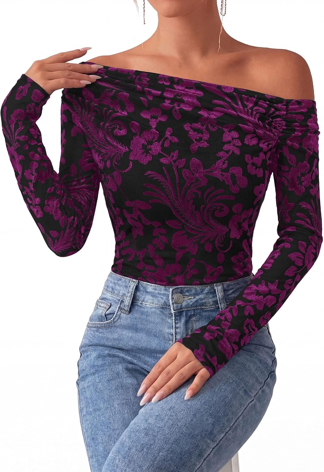 image:imagePRETTYGARDEN Women Trendy Off the Shoulder Floral Tops Lightweight Stretchy Mesh Blouse Flocked Print Long Sleeve Slim Fit Shirts Fall Spring Outfits for Date Night Going OutBlack Red