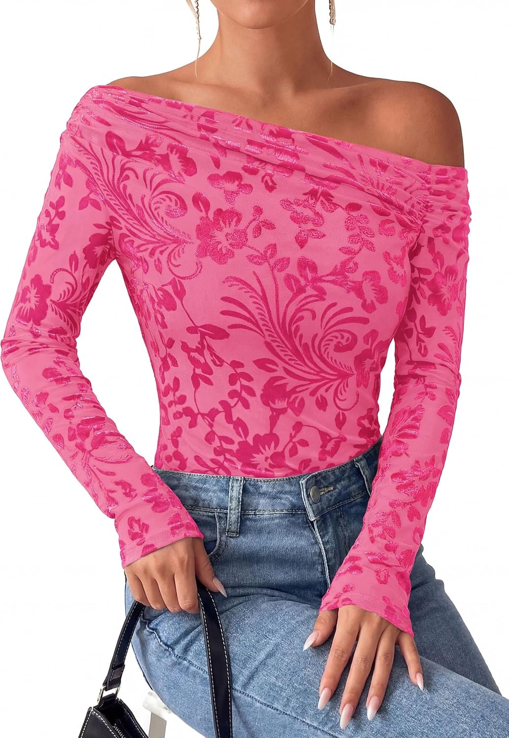 image:imagePRETTYGARDEN Women Trendy Off the Shoulder Floral Tops Lightweight Stretchy Mesh Blouse Flocked Print Long Sleeve Slim Fit Shirts Fall Spring Outfits for Date Night Going OutRose Red