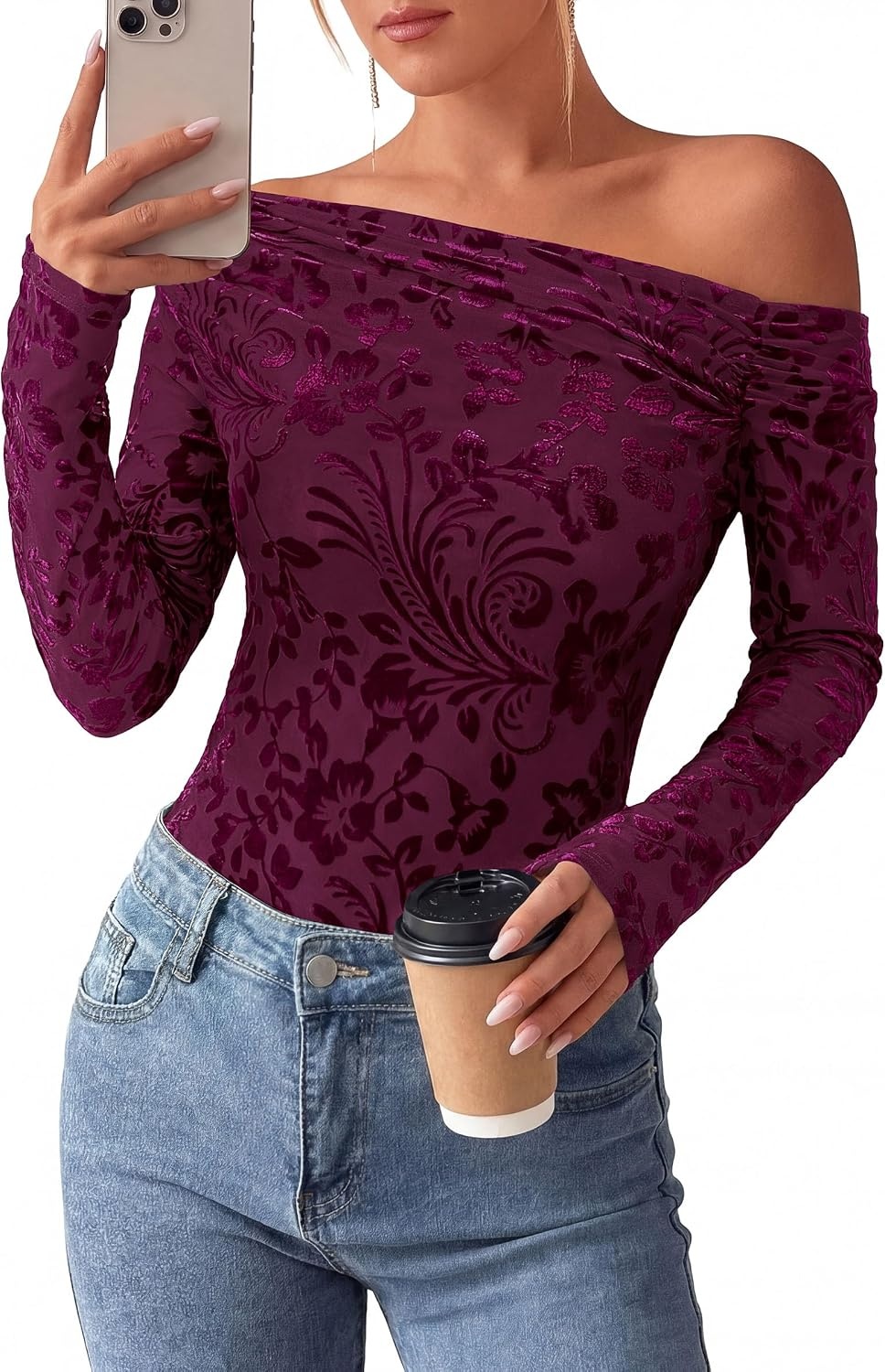 image:imagePRETTYGARDEN Women Trendy Off the Shoulder Floral Tops Lightweight Stretchy Mesh Blouse Flocked Print Long Sleeve Slim Fit Shirts Fall Spring Outfits for Date Night Going OutBurgundy