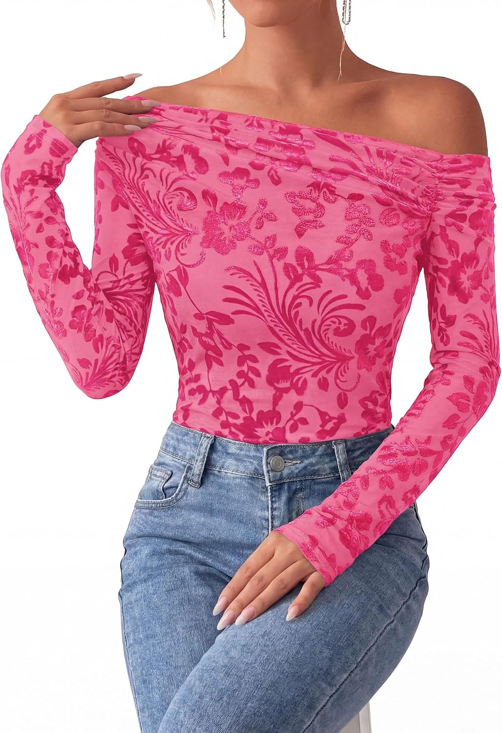 image:imagePRETTYGARDEN Women Trendy Off the Shoulder Floral Tops Lightweight Stretchy Mesh Blouse Flocked Print Long Sleeve Slim Fit Shirts Fall Spring Outfits for Date Night Going OutRose Red