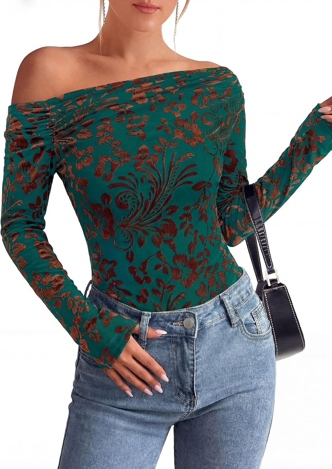 image:imagePRETTYGARDEN Women Trendy Off the Shoulder Floral Tops Lightweight Stretchy Mesh Blouse Flocked Print Long Sleeve Slim Fit Shirts Fall Spring Outfits for Date Night Going OutDark Green