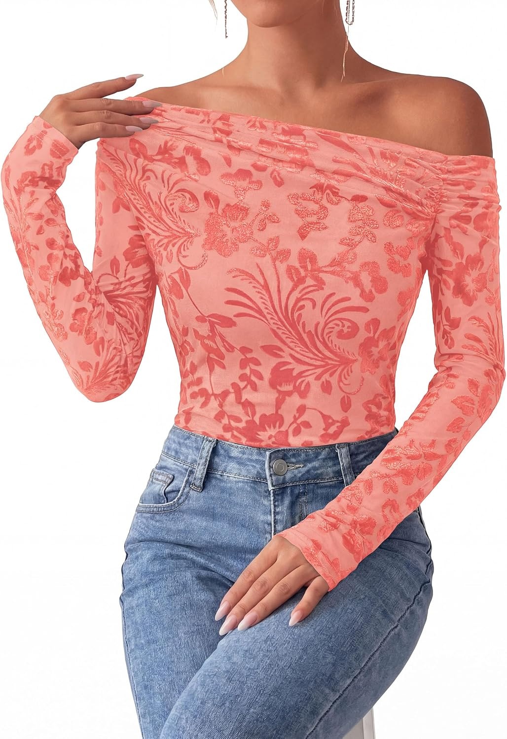 image:imagePRETTYGARDEN Women Trendy Off the Shoulder Floral Tops Lightweight Stretchy Mesh Blouse Flocked Print Long Sleeve Slim Fit Shirts Fall Spring Outfits for Date Night Going OutPink