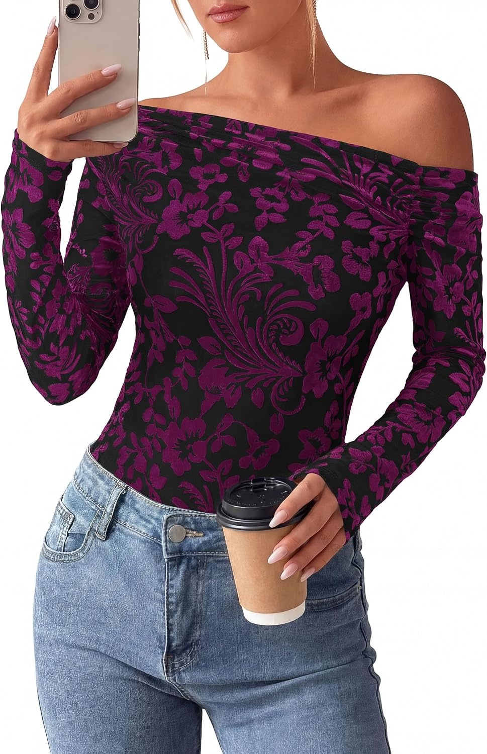 image:imagePRETTYGARDEN Women Trendy Off the Shoulder Floral Tops Lightweight Stretchy Mesh Blouse Flocked Print Long Sleeve Slim Fit Shirts Fall Spring Outfits for Date Night Going OutBlack Red