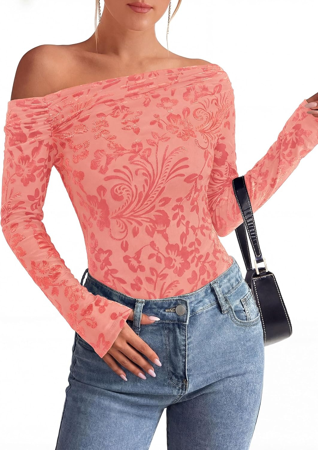 image:imagePRETTYGARDEN Women Trendy Off the Shoulder Floral Tops Lightweight Stretchy Mesh Blouse Flocked Print Long Sleeve Slim Fit Shirts Fall Spring Outfits for Date Night Going OutPink