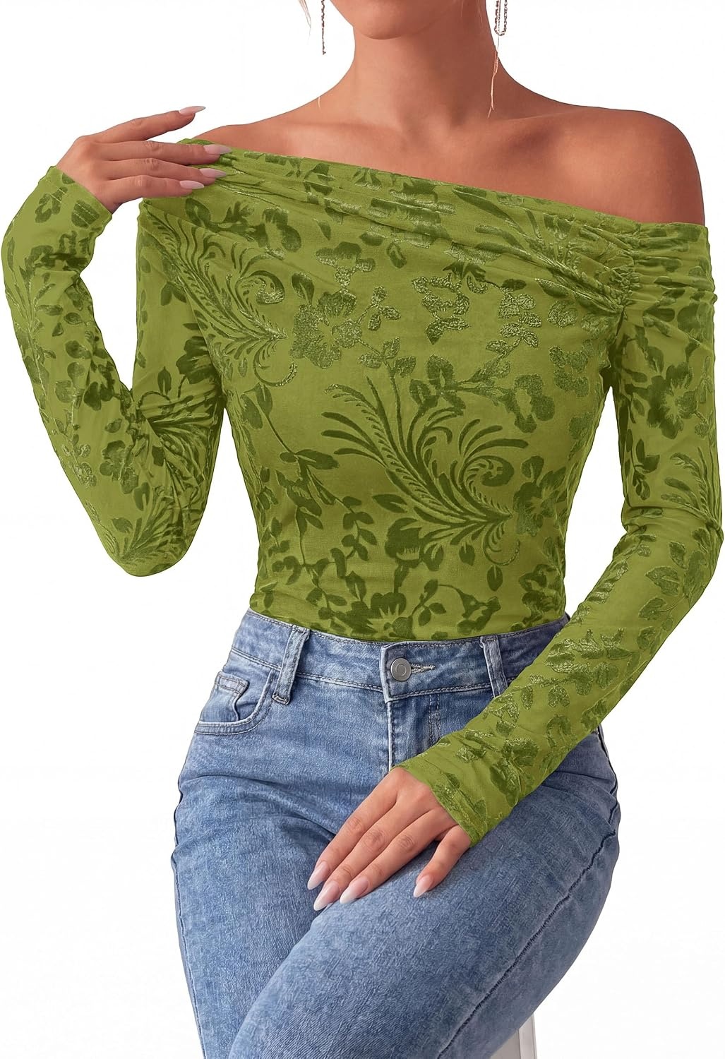 image:imagePRETTYGARDEN Women Trendy Off the Shoulder Floral Tops Lightweight Stretchy Mesh Blouse Flocked Print Long Sleeve Slim Fit Shirts Fall Spring Outfits for Date Night Going OutLight Green