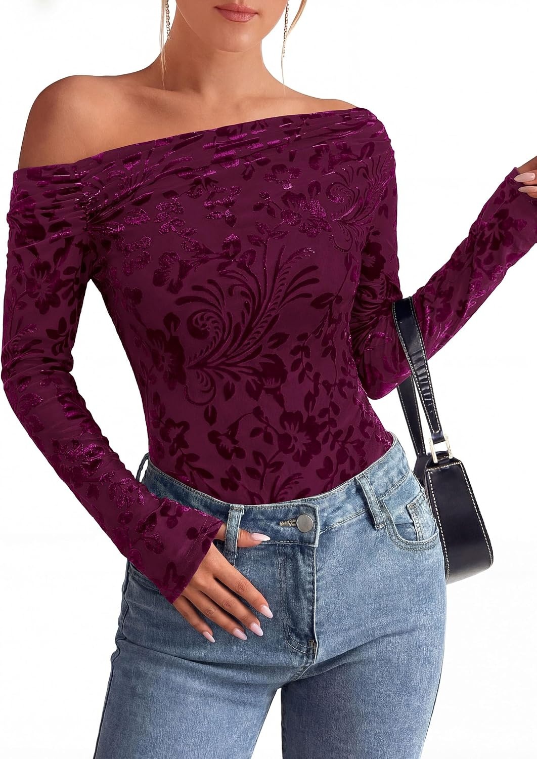 image:imagePRETTYGARDEN Women Trendy Off the Shoulder Floral Tops Lightweight Stretchy Mesh Blouse Flocked Print Long Sleeve Slim Fit Shirts Fall Spring Outfits for Date Night Going OutBurgundy