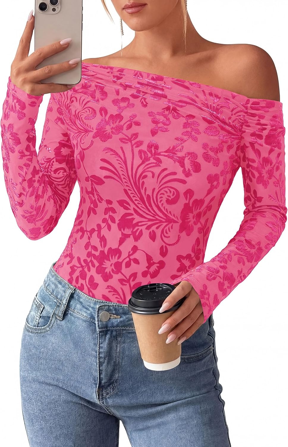 image:imagePRETTYGARDEN Women Trendy Off the Shoulder Floral Tops Lightweight Stretchy Mesh Blouse Flocked Print Long Sleeve Slim Fit Shirts Fall Spring Outfits for Date Night Going OutRose Red