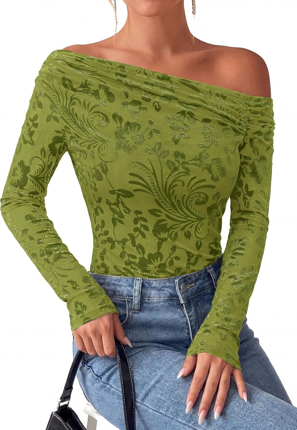 image:imagePRETTYGARDEN Women Trendy Off the Shoulder Floral Tops Lightweight Stretchy Mesh Blouse Flocked Print Long Sleeve Slim Fit Shirts Fall Spring Outfits for Date Night Going OutLight Green