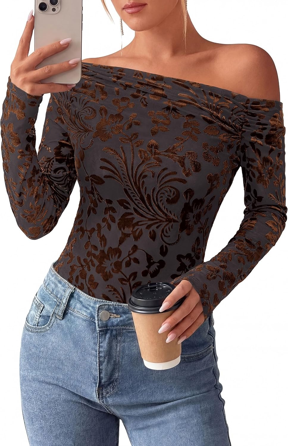 image:imagePRETTYGARDEN Women Trendy Off the Shoulder Floral Tops Lightweight Stretchy Mesh Blouse Flocked Print Long Sleeve Slim Fit Shirts Fall Spring Outfits for Date Night Going OutBrown