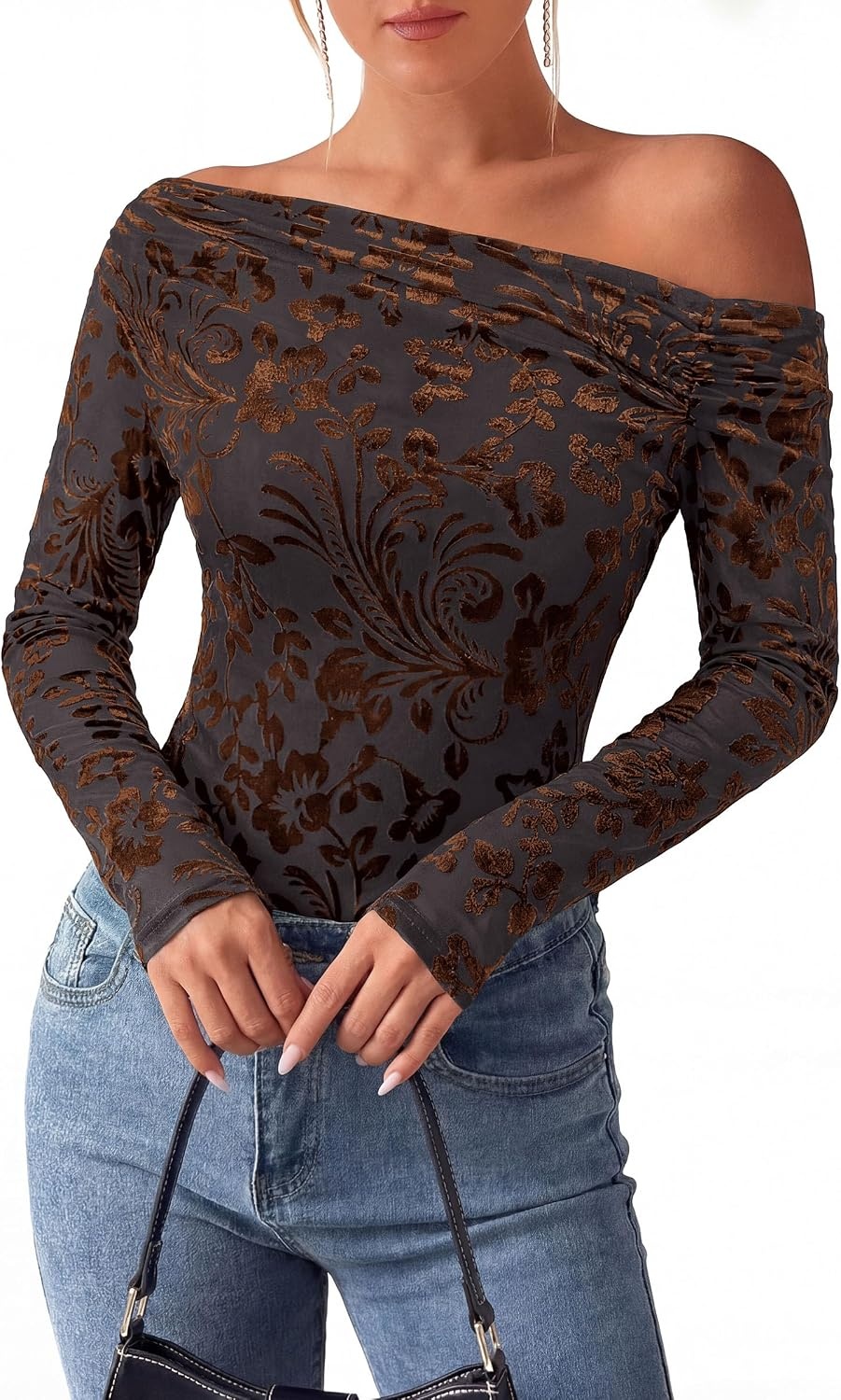 image:imagePRETTYGARDEN Women Trendy Off the Shoulder Floral Tops Lightweight Stretchy Mesh Blouse Flocked Print Long Sleeve Slim Fit Shirts Fall Spring Outfits for Date Night Going OutBrown