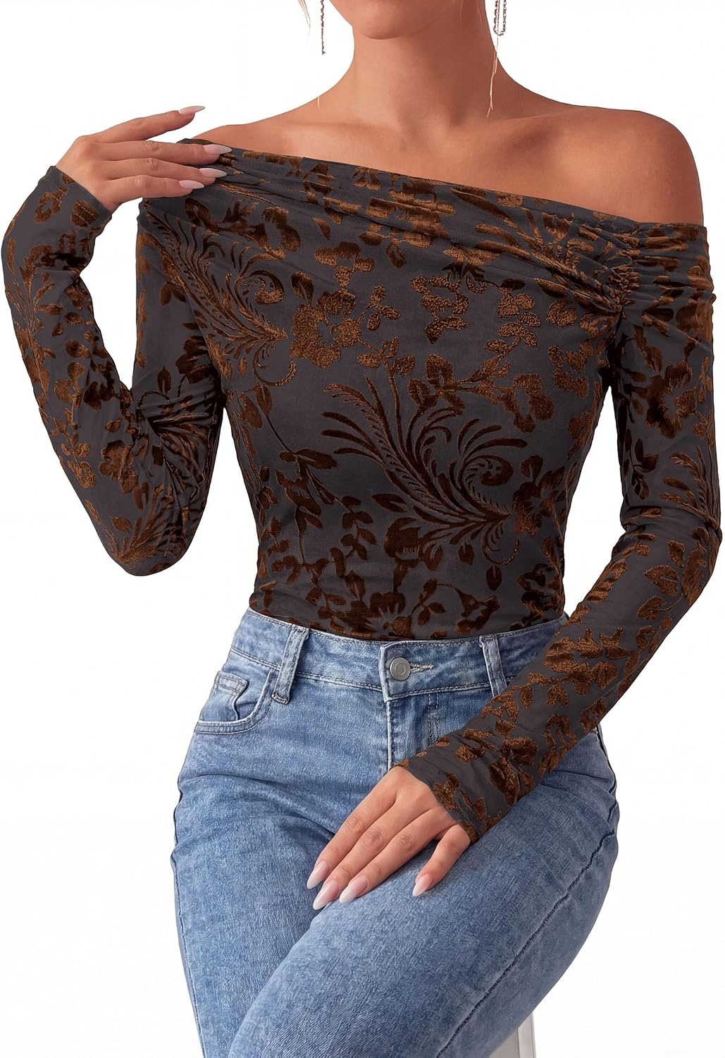 image:imagePRETTYGARDEN Women Trendy Off the Shoulder Floral Tops Lightweight Stretchy Mesh Blouse Flocked Print Long Sleeve Slim Fit Shirts Fall Spring Outfits for Date Night Going OutBrown