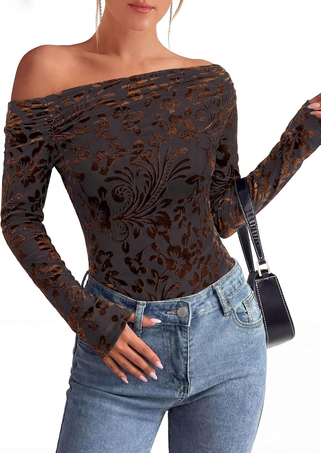 image:imagePRETTYGARDEN Women Trendy Off the Shoulder Floral Tops Lightweight Stretchy Mesh Blouse Flocked Print Long Sleeve Slim Fit Shirts Fall Spring Outfits for Date Night Going OutBrown