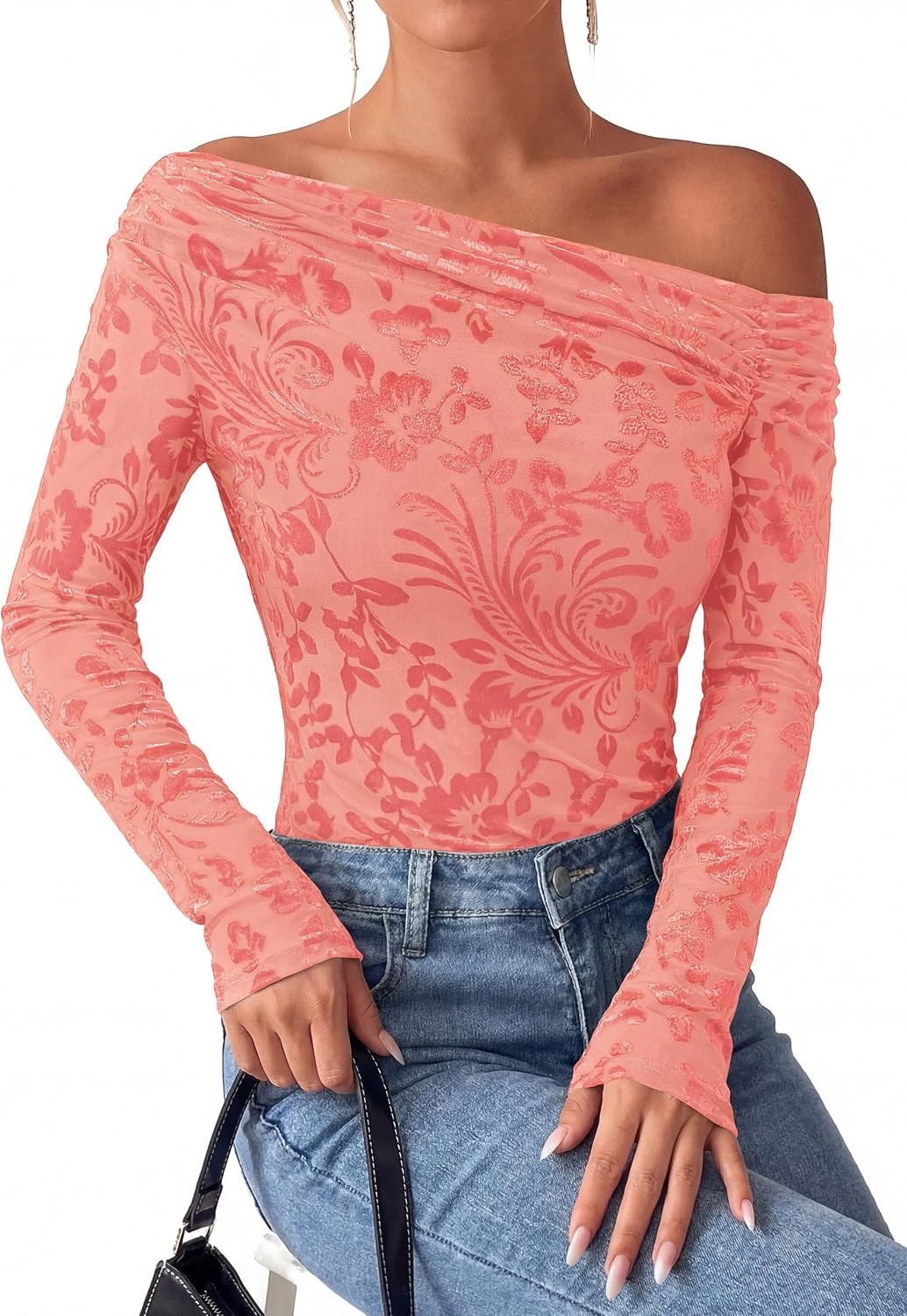 image:imagePRETTYGARDEN Women Trendy Off the Shoulder Floral Tops Lightweight Stretchy Mesh Blouse Flocked Print Long Sleeve Slim Fit Shirts Fall Spring Outfits for Date Night Going OutPink