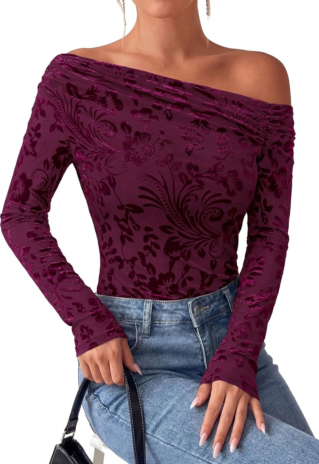 image:imagePRETTYGARDEN Women Trendy Off the Shoulder Floral Tops Lightweight Stretchy Mesh Blouse Flocked Print Long Sleeve Slim Fit Shirts Fall Spring Outfits for Date Night Going OutBurgundy