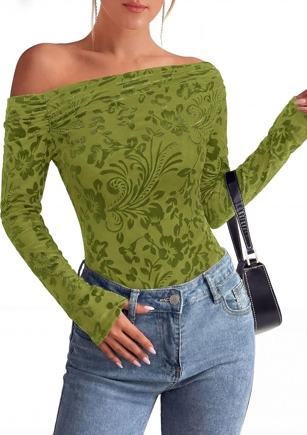 image:imagePRETTYGARDEN Women Trendy Off the Shoulder Floral Tops Lightweight Stretchy Mesh Blouse Flocked Print Long Sleeve Slim Fit Shirts Fall Spring Outfits for Date Night Going OutLight Green