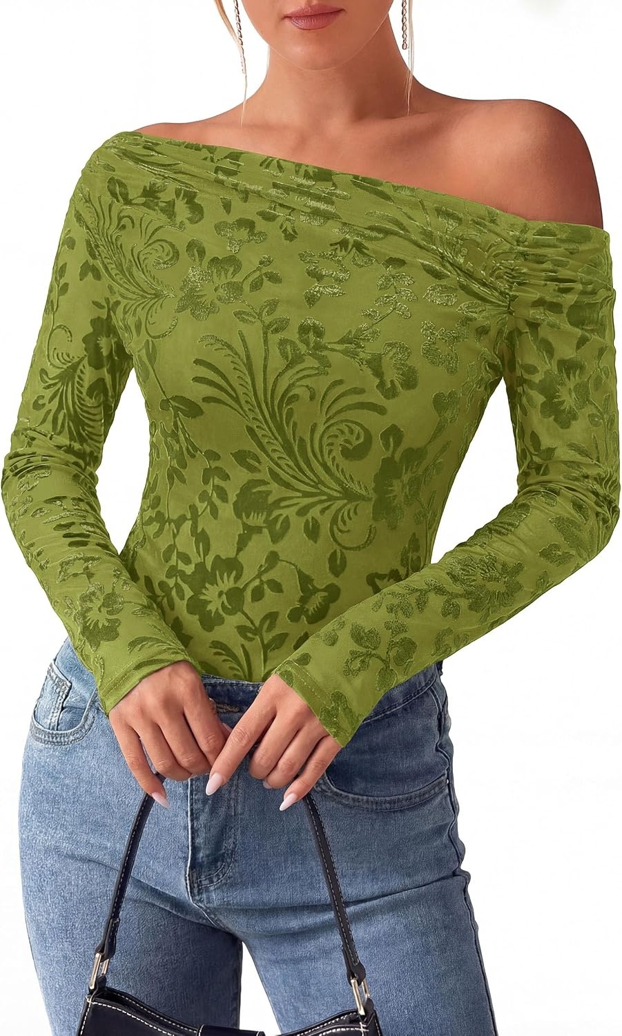 image:imagePRETTYGARDEN Women Trendy Off the Shoulder Floral Tops Lightweight Stretchy Mesh Blouse Flocked Print Long Sleeve Slim Fit Shirts Fall Spring Outfits for Date Night Going OutLight Green